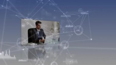 Ekranlardaki çeşitli iş adamlarının bağlantı ağının animasyonu. Dijital olarak oluşturulmuş küresel bağlantılar, iş, finans, bilgisayar ve veri işleme kavramı.