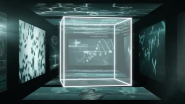 Küp animasyonu, ekranlarda veri işleme. Küresel bağlantılar, iş dünyası, bulut hesaplama, dijital arayüz ve veri işleme kavramı dijital olarak oluşturulmuş video.