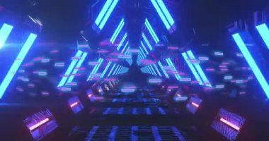 Neon tünelinde ilerleyen veri transferinin ışıldayan ışık izlerinin animasyonu. Dijital olarak oluşturulmuş küresel sanal gerçeklik, veri işleme, hesaplama ve dijital arayüz kavramı.