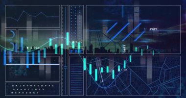 Animation of data processing over cityscape. Global business, finances, computing and data processing concept digitally generated video.
