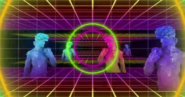 Siyah arkaplandaki neon şekilleri etkileyen heykellerin animasyonu. Özet, ışık, şablon ve hareket kavramı dijital olarak oluşturulmuş video.