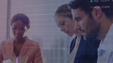 Animation of financial data processing over diverse business people in office. Global business, finances, computing and data processing concept digitally generated video.