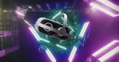 Parlayan neon ışıklarının üzerine vr kulaklığın animasyonu. Dijital olarak oluşturulmuş küresel sanal gerçeklik, veri işleme, hesaplama ve dijital arayüz kavramı.