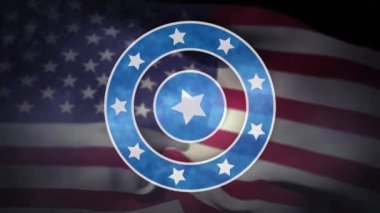 Amerika bayrağı üzerinde beyaz yıldızlı mavi dairelerin animasyonu. Usa, vatanseverlik ve kutlama konsepti dijital olarak oluşturulmuş video.