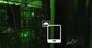 Animation of data processing over computer servers. Global business, finances, computing and data processing concept digitally generated video.