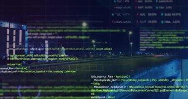 Animation of data processing over cityscape. Global business, finances, computing and data processing concept digitally generated video.