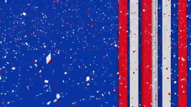 Mavi arka planda beyaz ve kırmızı çizgilerin üzerine düşen konfeti animasyonu. Usa, vatanseverlik ve kutlama konsepti dijital olarak oluşturulmuş video.