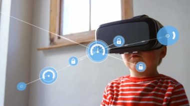 VR kulaklık kullanan beyaz bir çocuk üzerinden bağlantı ağının animasyonu. Dijital olarak oluşturulmuş küresel bağlantılar, hesaplama ve veri işleme kavramı.
