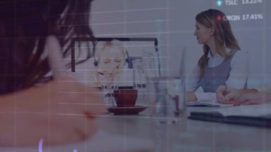 Animation of financial data processing over diverse business people in office. Global business, finances, computing and data processing concept digitally generated video.