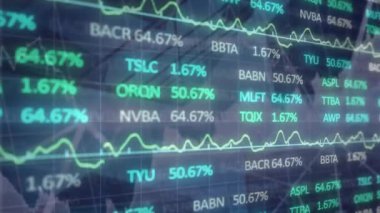 Düşük açılı gökyüzüne karşı binaların ticaret tahtasının animasyonu. Dijital bileşik, çoklu pozlama, borsa, iş, yatırım, mimari ve soyut kavram.