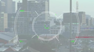 Animation of data processing over cityscape. Global business, finances, computing and data processing concept digitally generated video.