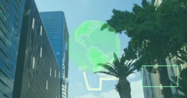 Şehir manzarası üzerinde ai veri işleme animasyonu. Küresel iş, veri işleme, hesaplama ve dijital arayüz kavramı dijital olarak oluşturulmuş video.