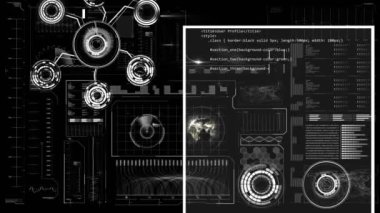 Ekranlar üzerinde numaraların ve veri işleme animasyonları. Küresel bulut hesaplama, dijital arayüz ve veri işleme kavramı dijital olarak oluşturulmuş video.