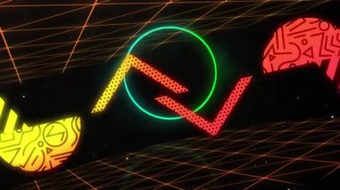 Soyut neon şekillerin ve veri işlemenin animasyonu. Şekil, kalıp ve renk konsepti dijital olarak oluşturulmuş video.