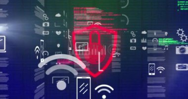 Dijital asma kilit ve veri işleme animasyonu. Dijital olarak oluşturulmuş küresel çevrimiçi güvenlik, bilgisayar ve veri işleme kavramı.