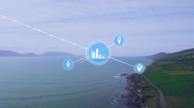 Manzara üzerindeki bağlantı ağının animasyonu. Dijital olarak oluşturulmuş küresel bağlantılar, iş, finans, bilgisayar ve veri işleme kavramı.