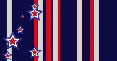 Mavi, beyaz ve kırmızı çizgilerin üzerindeki yıldızların animasyonu. Usa, vatanseverlik ve kutlama konsepti dijital olarak oluşturulmuş video.