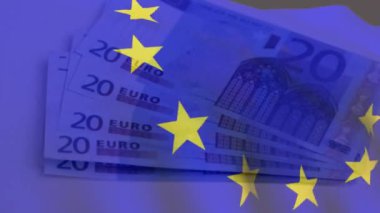 Avro para birimi üzerinden Avrupa Birliği bayrağının canlandırılması. Europen pazarı, işletme, finans, bilgisayar ve veri işleme kavramı dijital olarak oluşturuldu.