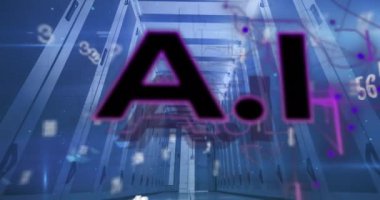 Arkaplanda sunucu odasına karşı ai metin, semboller ve bilgisayar dili animasyonu. Dijital bileşik, çoklu pozlama, kodlama, yapay zeka, teknoloji, ağ sunucusu.