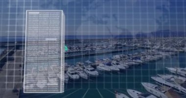 Şehirdeki bulutların ve veri işlemenin animasyonu. Küresel bulut hesaplama, dijital arayüz ve veri işleme kavramı dijital olarak oluşturulmuş video.