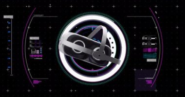 Siyah arka planda dönen vr kulaklık ve veri işleme animasyonu. Dijital olarak oluşturulmuş küresel sanal gerçeklik, veri işleme, hesaplama ve dijital arayüz kavramı.