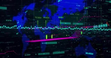 Animation of financial data processing over world map. Global business, finances, computing and data processing concept digitally generated video.