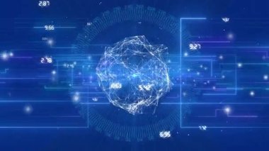 Bağlantılar ve veri işleme ile dünyanın animasyonu. Dijital olarak oluşturulmuş küresel bağlantılar, veri işleme, hesaplama ve dijital arayüz kavramı.