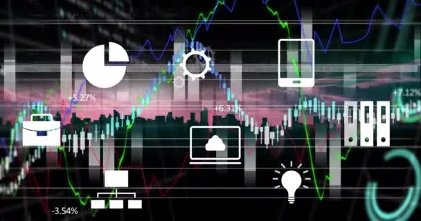 Animering Ikoner Och Finansiell Databehandling Över Stadsbilden Globala Affärs Ekonomi — Stockvideo