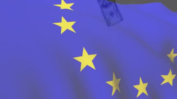 Анимация Флага Европейского Союза Над Банкнотами Американских Долларов Концепция Европейского — стоковое видео