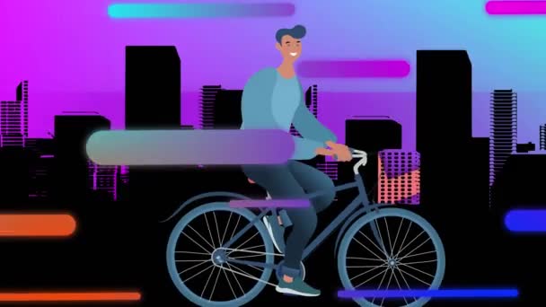 Animación Del Hombre Feliz Bicicleta Sobre Ciudad Las Formas Concepto — Vídeo de stock
