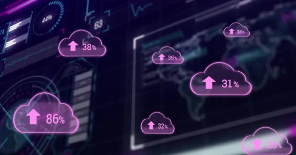 Animation Von Wolken Mit Pfeilen Und Zahlen Und Datenverarbeitung Globale — Stockvideo