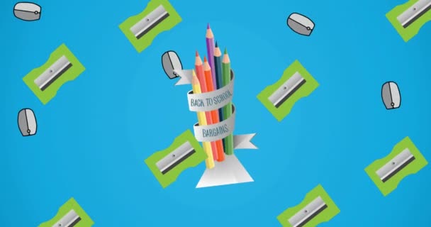 磨刀机的动画 鼠标回到学校 在彩色铅笔周围用丝带交换文字 数字生成的全息图 艺术和技术概念 — 图库视频影像