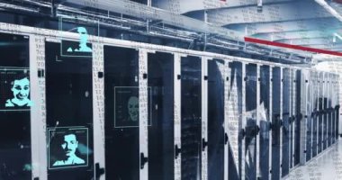 Bilgisayar sunucu odasındaki çoklu profil simgelerinin ve pleksus ağlarının animasyonu. Küresel ağ ve iş veri depolama teknolojisi kavramı