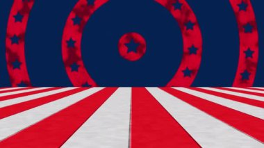 Çizgilerin ve dairelerin canlandırılması. Amerikan bayrağıyla renklendirilmiş yıldızlar. Küresel vatanseverlik ve kutlama konsepti, dijital olarak üretilen video.