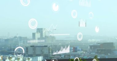 Animation of financial data processing over cityscape. Global business, finances, computing and data processing concept digitally generated video.