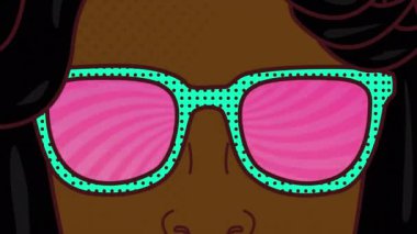 İnsan yüzünün animasyonu ve soyut arka plandaki gözlüklerdeki dairesel desen. Dijital olarak üretilen hologram, illüstrasyon, mizah, doku ve teknoloji kavramı.