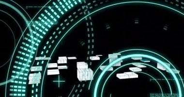 3D şehir manzarası üzerinde veri işleme animasyonu. Küresel iş, veri işleme, hesaplama ve dijital arayüz kavramı dijital olarak oluşturulmuş video.