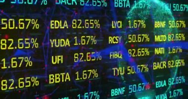 Birbirine bağlı noktalar ve soyut arka plandaki dünya üzerindeki ticaret panosunun animasyonu. Dijital olarak üretilmiş, hologram, illüstrasyon, iletişim, aydınlanma, küreselleşme ve borsa konsepti.