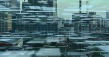 Şehir manzarası üzerinde veri işleme animasyonu. Küresel bağlantılar, iş, bilgisayar, dijital arayüz ve veri işleme kavramı dijital olarak oluşturuldu.