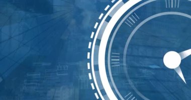 Dijital saat animasyonu binaların 3D modeli ve binaların düşük açılı görüntüsü. Dijital kompozit, çoklu pozlama, zaman, gökdelenler, soyut, mimari ve teknoloji kavramı.