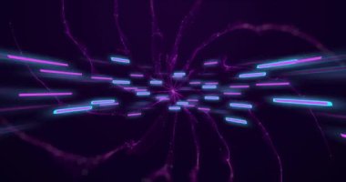 Siyah arkaplan üzerinden veri transferinin parıldayan ışık izlerinin animasyonu. Küresel sanal gerçeklik, hesaplama, dijital arayüz ve veri işleme kavramı dijital olarak oluşturuldu.