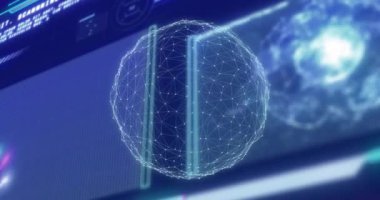 Bağlantılar ve veri işleme ile dünyanın animasyonu. Dijital olarak oluşturulmuş küresel bağlantılar, veri işleme, hesaplama ve dijital arayüz kavramı.