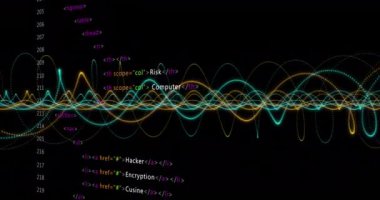 Siyah arkaplan üzerinde veri işleme animasyonu. Küresel ağlar, dijital arayüz ve dijital olarak oluşturulan veri işleme konsepti.