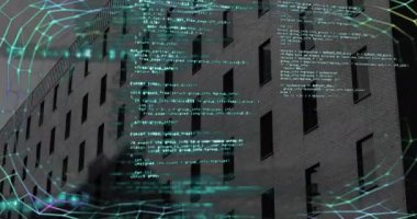 Modern bina üzerinde veri işleme animasyonu. Küresel iş, veri işleme, hesaplama ve dijital arayüz kavramı dijital olarak oluşturulmuş video.