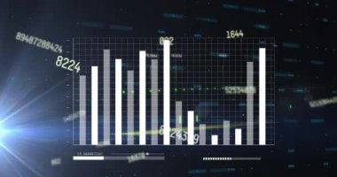 Grafiklerin canlandırılması, çubukların yüklenmesi ve siyah arkaplana karşı numaraların değiştirilmesi. Dijital olarak üretilmiş, hologram, illüstrasyon, aydınlanma, rapor, iş dünyası, büyüme ve soyut kavram.
