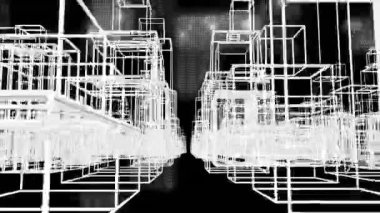 3D şehir manzarası üzerinde veri işleme animasyonu. Küresel iş, veri işleme, hesaplama ve dijital arayüz kavramı dijital olarak oluşturulmuş video.