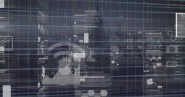 3D şehir manzarası üzerinde veri işleme animasyonu. Küresel iş, veri işleme, hesaplama ve dijital arayüz kavramı dijital olarak oluşturulmuş video.