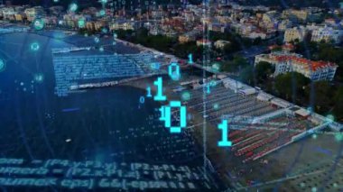 3D şehir manzarası üzerinde veri işleme animasyonu. Küresel iş, veri işleme, hesaplama ve dijital arayüz kavramı dijital olarak oluşturulmuş video.
