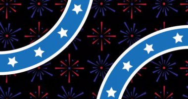 Siyah arka planda havai fişekler üzerine beyaz yıldızlı mavi şekillerin animasyonu. Usa, vatanseverlik ve kutlama konsepti dijital olarak oluşturulmuş video.