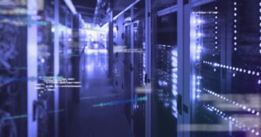 Animation of data processing and light spot against computer server room. Computer interface and business data storage technology concept